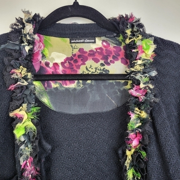 Michael Simon open front floral ruffle trim Cardigan Sweater - Picture 5 of 7